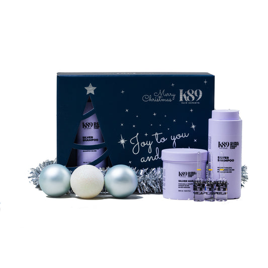 Pack K89 Global Blonde Silver Sweet Care con champú matizador, mascarilla violeta y ampollas flash repair para cabello rubio

