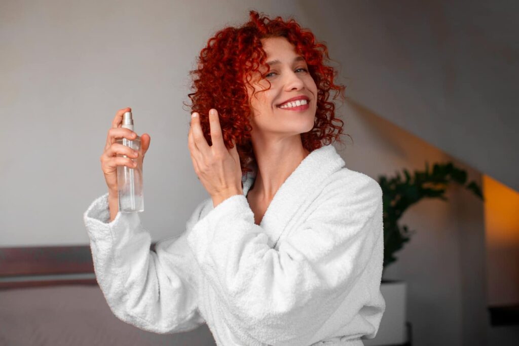 Mujer de pelo rizado pelirrojo aplicando rutina de cuidado para el cabello